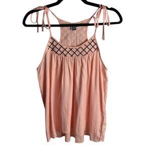 Roxy Size Medium Tie Tank Top Light Pink Black Embroidered Flowy Cotton Beach